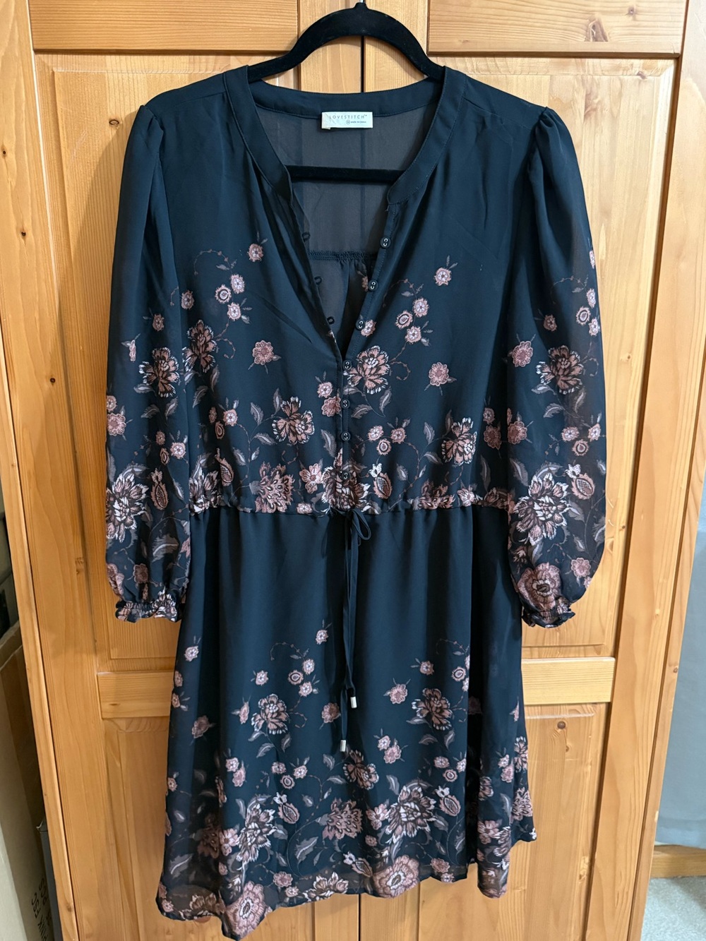 Lovestitch Floral V-Neck Black Dress with Rose Print Medium